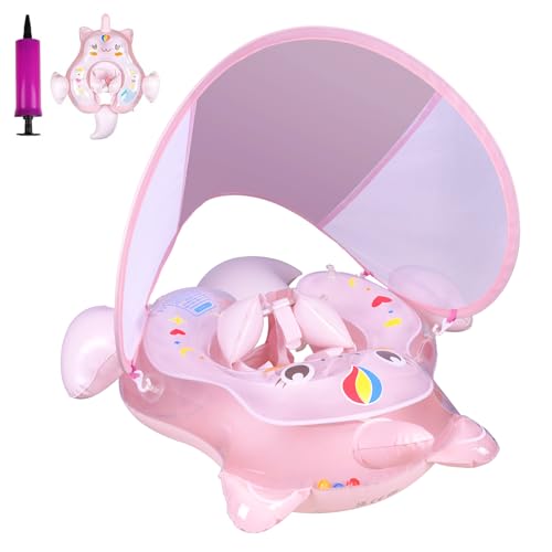 Flutuador bebé, flutuador bebé com guarda-chuva, SPF 50 anel de natação para bebé em forma de unicórnio, acessórios de casa de banho para bebés de 3 a 24 meses