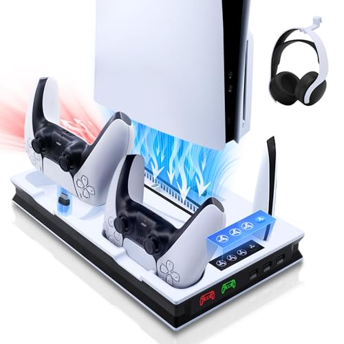 Tolesum Suporte de refrigeração para PS5 / PS5 Slim / PS5 Pro, suporte para PS5 Vertical ventiladores de refrigeração e estação de carregamento de duplo controlador, 3 USB, suporte para auriculares