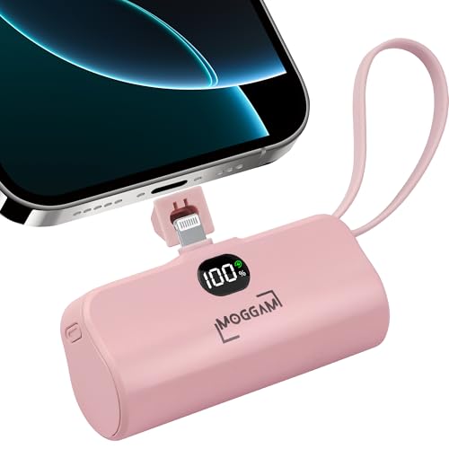 MOGGAM Mini bateria externa iPhone portátil - compatível com 16/15/14/14/13 e mais - bateria portátil iPhone 2 em 1 de 5000 mAh - carregador portátil iPhone e smartphone - Power Bank tamanho do bolso