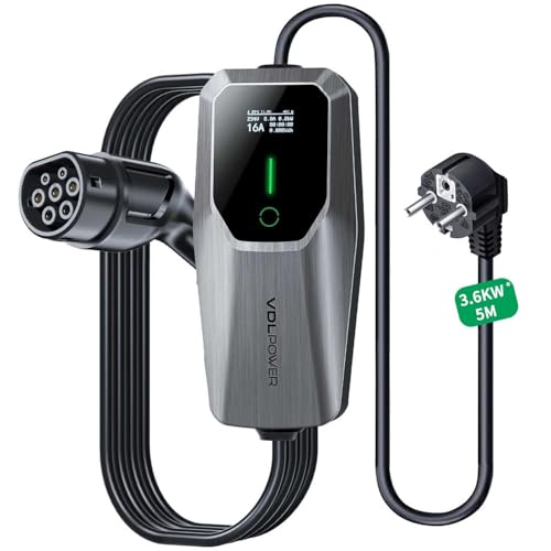 VDLPOWEREU Carregador de carro elétrico de 3,6 kW, tipo 2 cabo de carregamento para veículos elétricos 6-16 A, com tomada da UE Schuko, terminal de carregamento monofásico IP65 (IEC 62196-2)