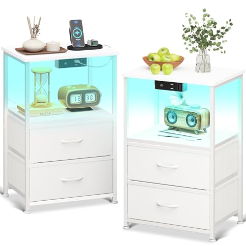 Coleshome Mesinhas de cabeceira pack de 2, com tomada, 2 portas USB e faixa de luzes LED, mesas de cabeceira quarto com 2 gavetas de tecido e 1 espaço de armazenamento, 40 x 30 x 60 cm, branco 2