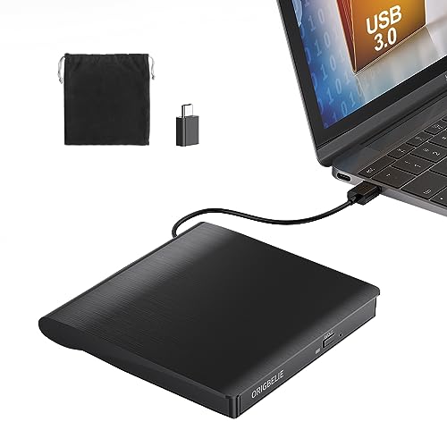 ORIGBELIE Leitor CD DVD externo USB 3.0, portátil CD DVD +/- RW gravador DVD externo, gravador de DVD externo ultra fino, gravador de DVD externo para computador portátil/secretária/PC Windows