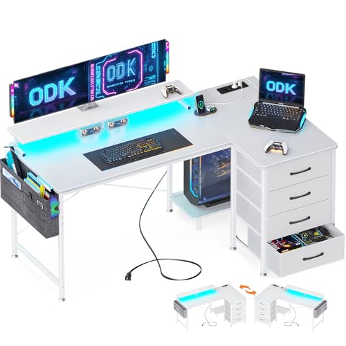 ODK Mesa de canto reversível, 140 x 80 x 84,7 cm mesa de jogos em L com LED, mesa em L com 4 gavetas, mesa de computador com porta de carregamento USB e tomada de energia para casa, branco