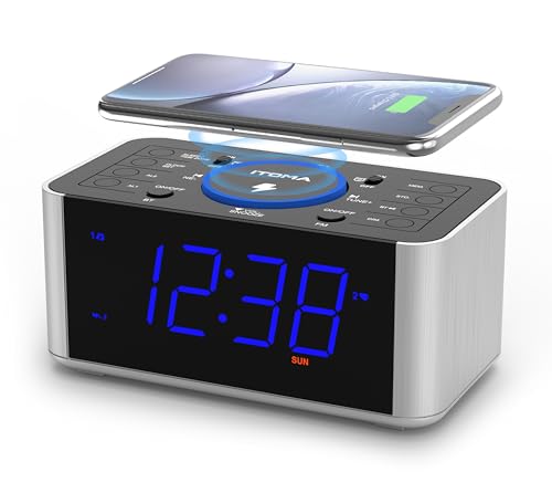 iTOMA Rádio despertador com carregamento sem fios de 5 w, Snooze, Bluetooth, despertador duplo, ecrã LED de 1,4 polegadas, dimmer, relógio de carregamento USB na cabeceira da cama de 206