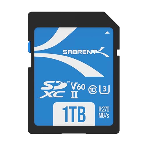 SABRENT Cartão SD V60 de 1 TB | SDXC UHS-II | Cartão de memória | Velocidades R270 MB/s W170 MB/s de leitura para fotógrafo profissional, câmara e Vlogger, Full HD/4K, [SD-TL60-1TB]