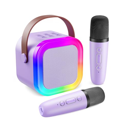 Fede Karaoke 2 microfones para crianças, mini karaoke infantil microfones sem fios altifalante Bluetooth portátil com efeitos de mudança de voz e luzes LED, melhores brinquedos presentes para meninas