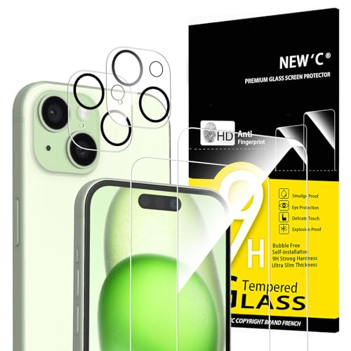 NEW'C 4 Pack, 2 x protetor de ecrã para iPhone 15 (6,1 polegadas) e 2 x protetor de ecrã protetor de lente de câmera - vidro temperado - livre de bolhas - ultra resistente - vidro dureza 9H