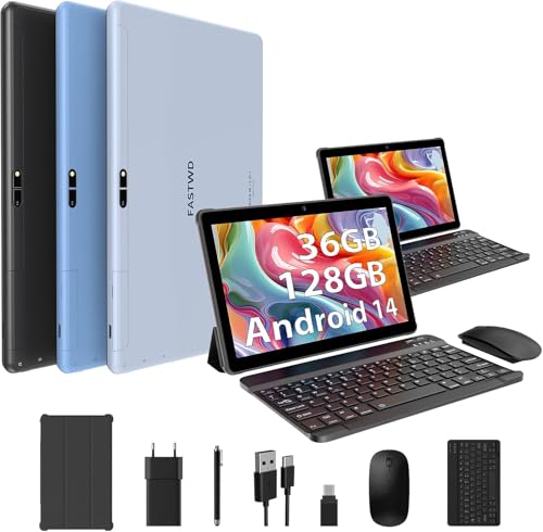 FASTWD Tablet de 10 polegadas Android 14 Tablet, 36 GB RAM+128 GB ROM, Tablet 5G WiFi, GPS, 8000 mAh, com teclado e rato e capa, preto