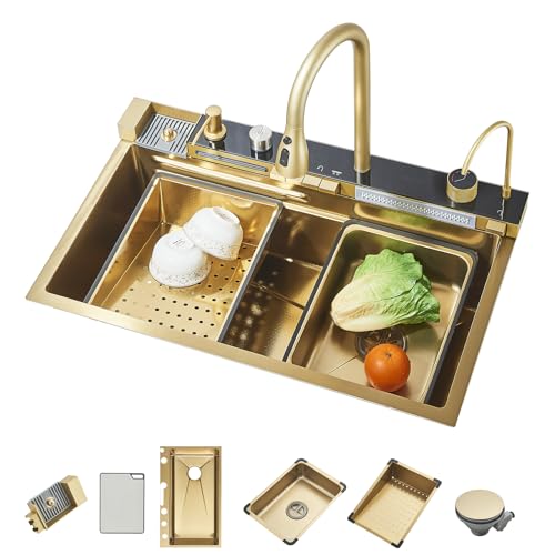 TVTIUO Lava-louça de cozinha multifuncional de ouro escovado com torneira removível e acessórios, lava-louça de cozinha em aço inoxidável com ecrã digital (75 cm x 45 cm)