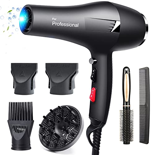 Faszin Secador de cabelo profissional 2400W, cabelo iónico sem crespamento, motor AC grande fluxo de ar, secador com difusor e concentrador, 3 temperaturas, 2 velocidades (preto)