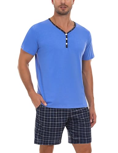 Irdcomps Pijama homem verão algodão conjunto de manga curta macia e calções roupa de dormir com bolsos e calções xadrez