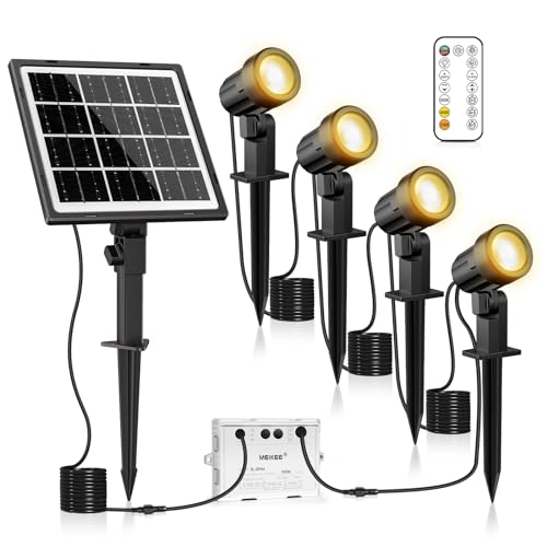 MEIKEE Luzes solares LED exterior jardim 4 em 1 holofotes LED exteriores solares à prova d'água IP66, 2500K-6500K Regulável, 3 modos, 3 brilhos 5000 mAh iluminação para jardim, relva, caminho, terraço