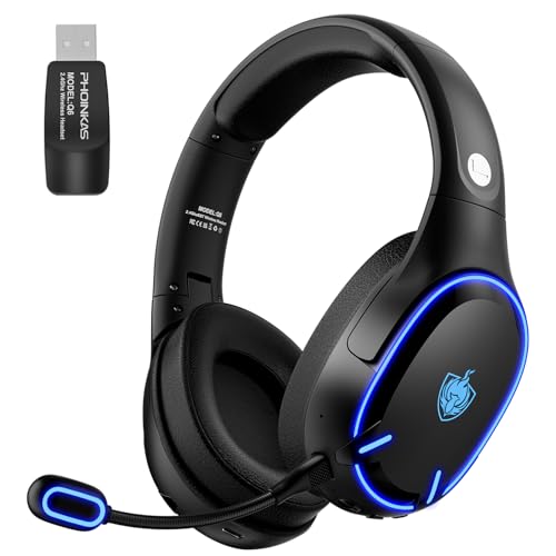 PHOINIKAS Capacetes Gaming sem fios para PC/PS5/PS4, auriculares Gaming sem fios de 2,4 GHz USB Wireless+Bluetooth 5.3, baixa latência qualidade de som 7.1 sem perdas, 30 horas, luz LED (preta)