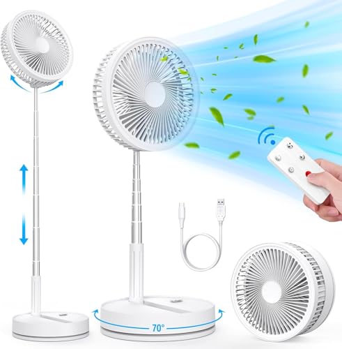 LIPETY Ventilador de pé oscilante portátil dobrável, 9" 7200 mAh bateria recarregável USB C pequena mesa com controlo remoto, ventosa pedestal silenciosa para casa dormir escritório viagem