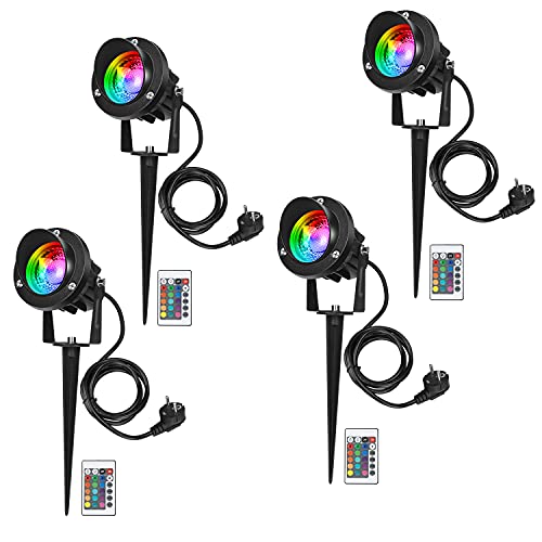 LEDMO 4 peças RGB Foco projetor exterior 10 W, candeeiro de relvado com espinho impermeável IP65 holofotes de jardim com espeto para jardim ao ar livre relvado pátio decoração