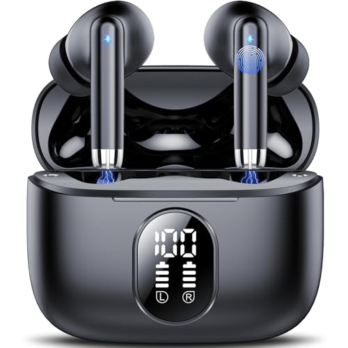 QXQ S26 Auriculares Bluetooth 5.4, 2025 novos auriculares sem fios Hi-Fi estéreo com 4 ENC microfones, 40 horas mini capacetes sem fios Bluetooth com ecrã, auscultadores pretos para Android iOS