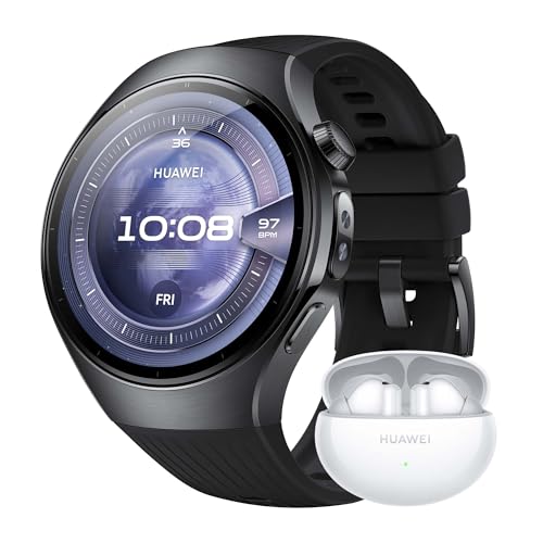 Huawei Watch 5, 46 mm Smartwatches, FreeBuds 6i branco, multi-sensor revolucionário X-Tap, SpO2 com ponta de dedo, Health Glance, ECG, HRV, eSIM, garantia de 42 meses, preto