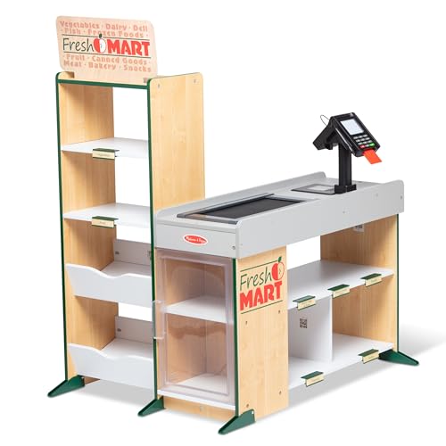 Melissa & Doug Loja de madeira, brinquedo para meninos e meninas, jogo criativo de imitação, brinquedo montessori de madeira para meninos de 3+, inclui caixa, scanner, dinheiro e muito mais