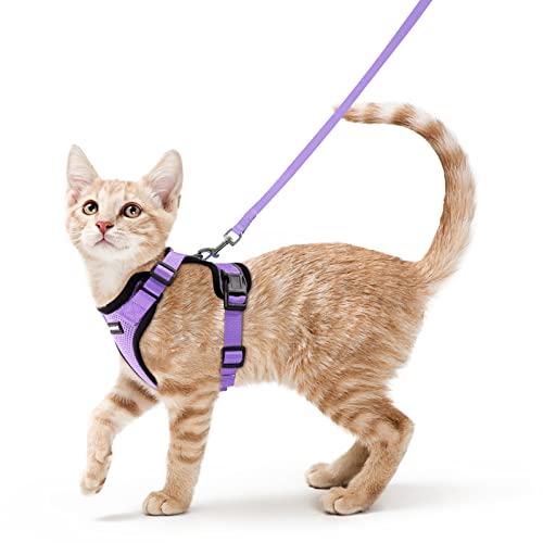 rabbitgoo Arnês para gatos anti-fuga com alça de 150 cm, arnês de gato ajustável refletor, colete de tecido de malha macio e respirável, arnês de gato pequeno para caminhar treino, XS, violeta claro