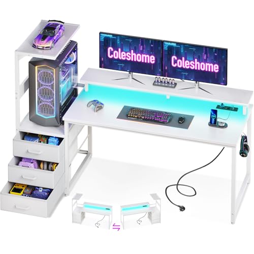 Coleshome Mesa de jogos com luzes LED e tomadas de energia, 151 × 50 cm, secretária Gaming reversível com gavetas, mesa Gamer com prateleiras de armazenamento e suporte de ecrã, fibra de carbono