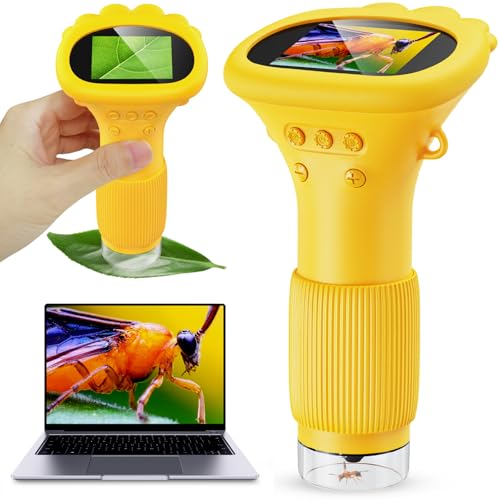 Ashfly Microscópio para crianças 50 x 200X, microscópio portátil com ecrã IPS de 2,0 polegadas e 8 LED, microscópiopresentes para crianças a partir dos 3 anos - laranja