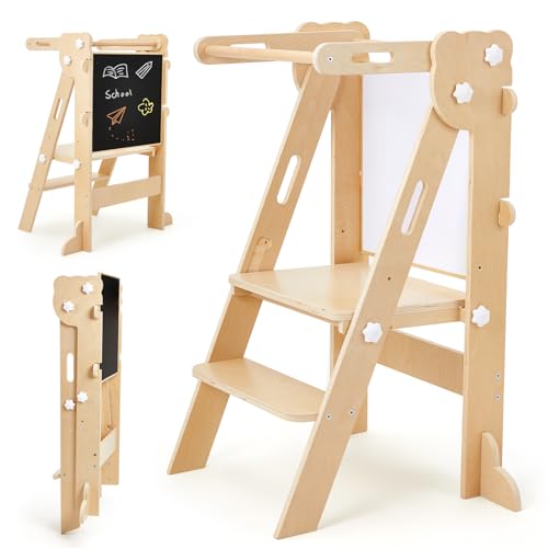 Labebe Torre de aprendizagem dobrável para crianças, Montessori Learning Tower com placa de duas faces, 3 em 1 multifuncional torre ajustável em altura e largura torre de aprendizagem (madeira)