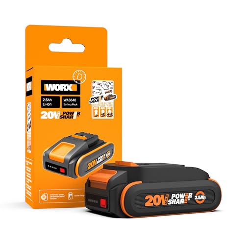 WORX PowerShare WA3640 Bateria recarregável de iões de lítio (20 V, 2500 mAh, bateria compacta com maior segurança e maior tempo de funcionamento, com indicador de carregamento LED, compatível com