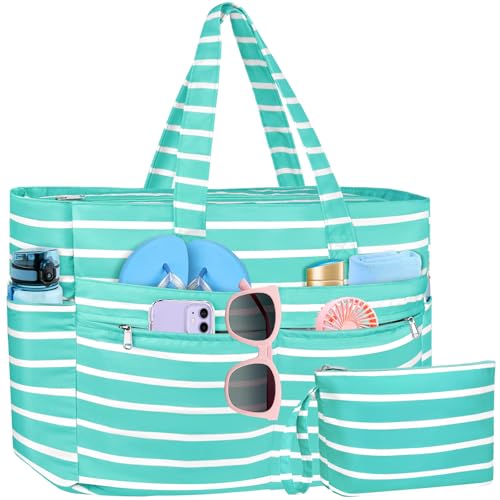 WACCET Bolsa de praia grande mulher, mala de praia impermeável com fecho de correr mala de praia grande XXL familiar 50 l dobrável e leve mala de mão com várias bolsa de tote para praia, viagens
