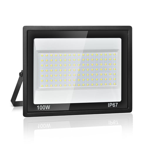 Foco LED para exterior, 100 W, iluminação de segurança, 7000 K branco frio, 10000 LM super brilhante, IP67 impermeável, 119 LEDs, holofote de exterior para jardim, pátio, garagem, oficina, corredor