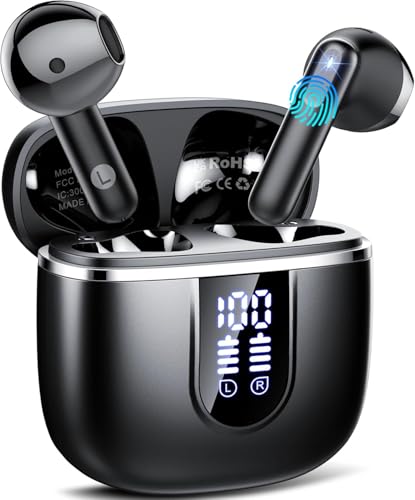 Auriculares sem fios Bluetooth, auriculares Bluetooth 5.4 HiFi estéreo com 4 HD Mic, 40H capacetes sem fios com redução de ruído ENC, ecrã LED, IP7 impermeável capacetes, USB-C, ajuste confortável