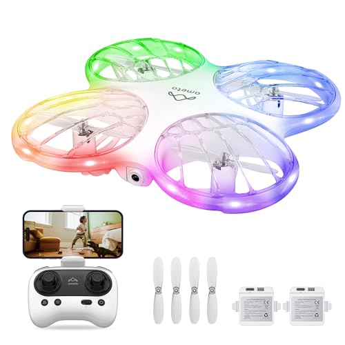Ameta Morpho Dron para crianças com câmara 1080 p, mini drone FPV com 32 luzes RGB/vôo em círculo/3D virar/18 min de voo/campainha perdida, brinquedos presente para meninos e meninas, menos de 250 g