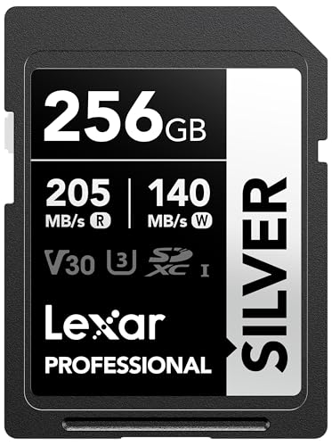 Lexar Cartão SD de 256 GB Silver, até 205 MB/s de leitura, cartão de memória SDXC UHS-I, classe 10, U3, V30, SD Card para fotógrafos profissionais, videógrafos e entusiastas