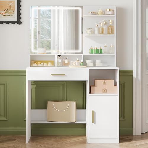 Hzuaneri Voucher com espelho e luzes LED, toucador de maquilhagem com 3 prateleiras e 4 compartimentos abertos, toucador com gaveta grande e armário, 3 luzes ajustáveis, branco DT42103XUE