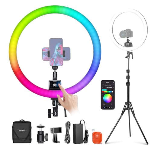 NEEWER SRP18C Conjunto de luzes LED RGB ultrafino com controlo de aplicação com suporte de luz reversível, suporte para telefone, rótula, 2500 K - 1000 K, CRI 95 +/TLCI 97, 3700Lux/0,5 m, 18