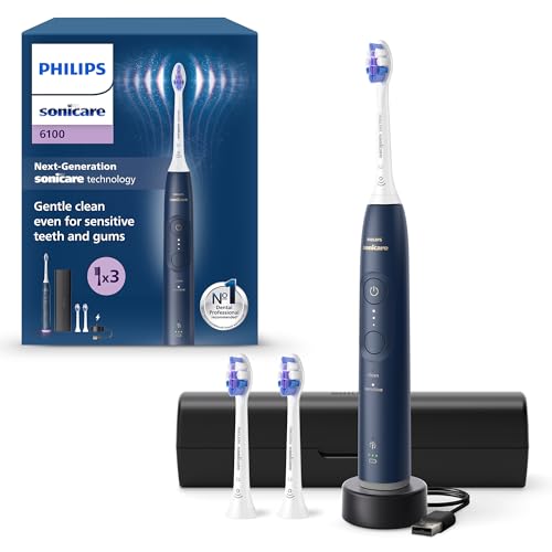 Philips Sonicare 6100 Escova de dentes elétrica, escova de dentes sónica com 2 modos de escovação e 3 níveis de intensidade, alerta de pressão, EasyStart, estojo de viagem, azul-marinho, modelo