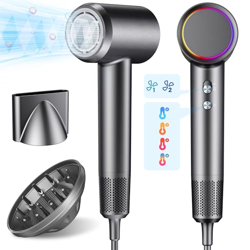 Nudwis Secador de cabelo iónico com difusor de 130 000 RPM secador de cabelo de alta velocidade, secador de cabelo profissional com 500 milhões de iões negativos 4 Temps / 2 velocidades, para casa de