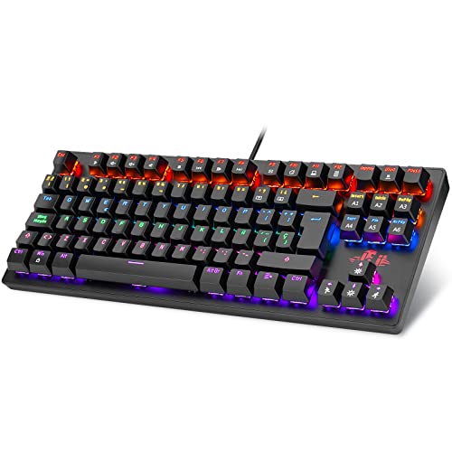 Rii Teclado mecânico de jogos, 22 modos de retroiluminação, interruptores azuis, anti-fantasmas, QWERTY espanhol (TKL (88 teclas))