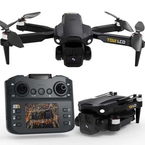 Toladrone TD12LCD Dron com câmara para adultos, drones com motor sem escovas, controlo remoto com ecrã LCD, transmissão em tempo real, drone quadricóptero dobrável para iniciantes