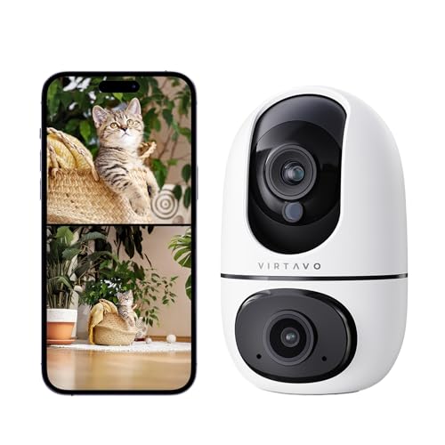 virtavo Câmara de vigilância WiFi interior 1080p, câmara dupla de vigilância interior 360° PTZ, WLAN câmara FHD, áudio de 2 vias, visão noturna a cores bebé/animais de estimação, deteção de movimento