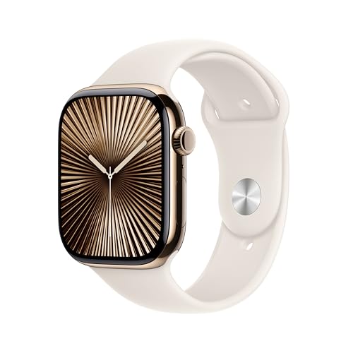 Apple Watch Series 10 GPS Cellular Smartwatch com caixa de titânio ouro de 46 mm e correia desportiva branca estrela - tamanho M/L. Monitor de treino, App ECG, ecrã Retina sempre ativo