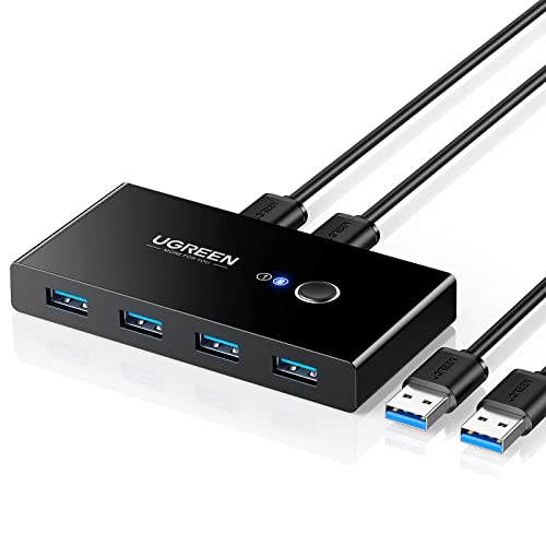 UGREEN 4 portas USB 3.0 Switch 2 entradas e 4 saídas com 2 cabos para partilhar 4 dispositivos de teclado, rato, memórias, disco rígido, impressoras, scanners, auriculares, etc