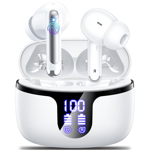 Auriculares sem fios Bluetooth, capacetes sem fios Bluetooth 5,4 in Ear com 4 HD Mics, 48H HiFi estéreo auriculares desportivos com redução de ruído ENC, IPX7 Sport Earbuds ecrã LED 2025