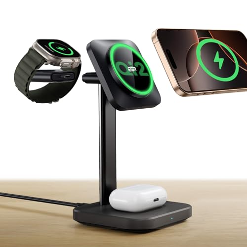 ESR Estação de carregamento sem fios Qi2 3 em 1, [certificado] carregador Apple Watch e suporte carregador MagSafe Qi2 15 W iPhone, carregador de vários dispositivos, iPhone 16/15/14/13, relógio e