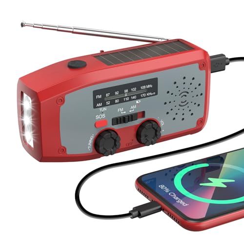 Rádio solar de emergência, DOLUCKY rádio portátil com lanterna LED, alarme SOS, AM/FM, com bateria de 2000 mAh, para carregamento de emergência de smartphone
