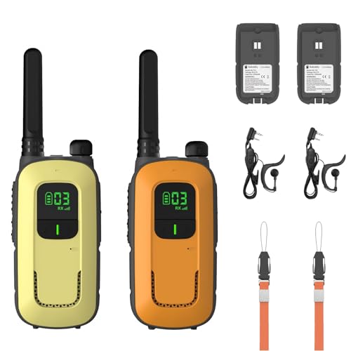 Radioddity Walkie Talkies PR-T3 sem licença, recarregáveis, para crianças entre 3 e 12 anos e famílias, têm 16 canais, VOX, lanterna, ecrã LCD iluminado, carregamento por USB (laranja/amarela)