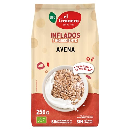 El Granero Integral - Aveia inchada - 250 g, rica em vitamaminas, minerais e fibra, efeito saciante - propriedades prebióticas - ideal para o pequeno-almoço - adequada para veganos