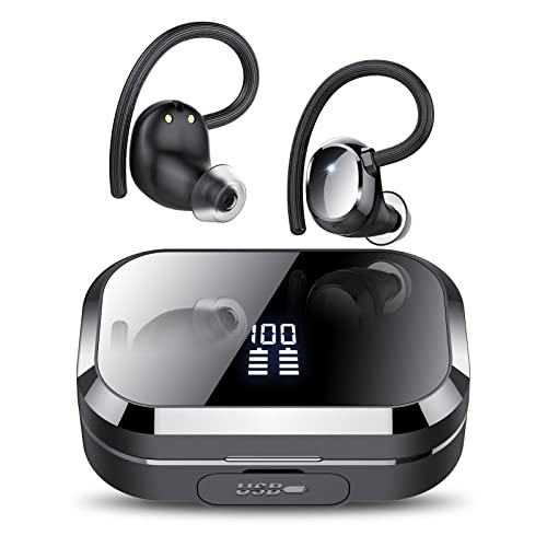 KT1 Auriculares sem fios desportivos, 120H de reprodução com estojo de carregamento, ajuste confortável, auriculares impermeáveis IPX7, graves profundos, para desportos