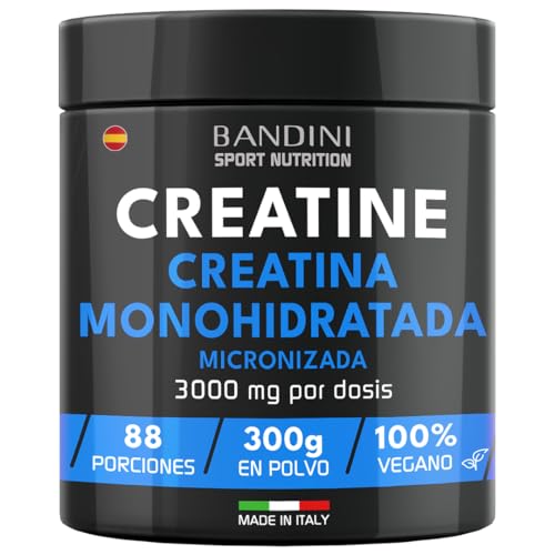 Bandini® Creatina em pó microfibra, 100% puro monohidrato de creatina para desempenho e potência muscular, sem sabor, inclui doseador de 88 porções, 300 gramas vegan - Creatine Powder