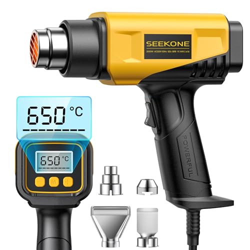 SEEKONE Pistola de ar quente de 2000 W com ecrã LCD digital, 50 °C - 650 °C, design compacto e temperatura de fluxo de ar ajustável, com proteção contra sobrecarga e ideal para trabalhos manuais