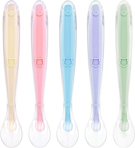 Vicloon Colheres de silicone para bebé, 5 peças colheres de aprendizagem para bebé, silicone suave colher de ponta de alimentação para bebés, antibacteriana conjunto de talheres para bebés 6 meses